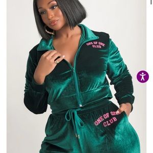 Rebdolls One of One Club Emerald Green Velvet Velour Crop Zip Up Sweatshirt NWT